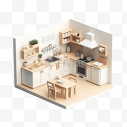 光渲染图片_最小厨房房间的等距和标高的 3D 