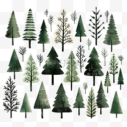 手绘一套圣诞树抽象涂鸦画树林