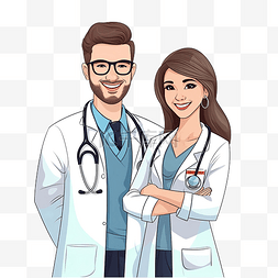 安全健康卡通图片_年轻快乐的医生夫妇卡通平面风格