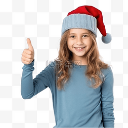 向上大拇指图片_戴着圣诞帽戴着孤立蓝色的女孩竖