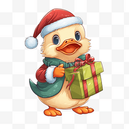 动物貼紙图片_可爱的鸭子在捆绑袋中携带圣诞礼