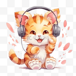 可爱的老虎条纹猫听音乐和跳舞水