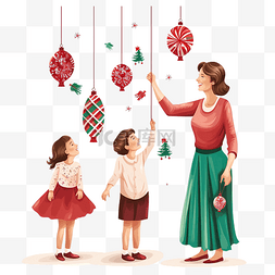 快乐的母亲和她的孩子们挂着圣诞