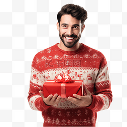 穿着圣诞毛衣的英俊年轻男友用礼