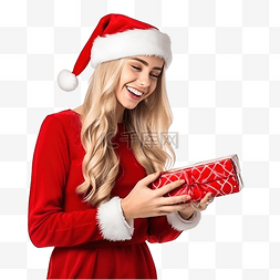 拿着手机的女人图片_穿着圣诞老人衣服带着圣诞礼物的