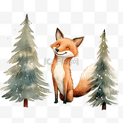 手绘儿童插画设计图片_圣诞树附近一只红狐狡猾的狐狸的