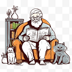手绘老人读一本书，上面有涂鸦风