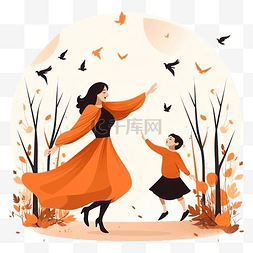 森林派对图片_母亲和儿子穿着万圣节服装在秋天