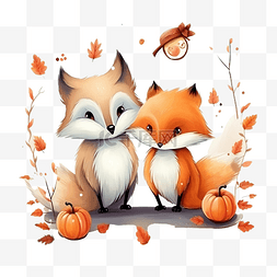 万圣节艺术字图片_可爱的南瓜爱上鸟和狐狸可爱的万