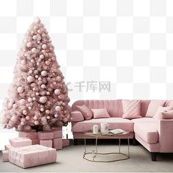 圣诞图片_客厅内部配有粉红色沙发，装饰着