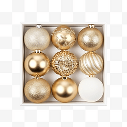 圣诞节白金图片_白色表面有金色圣诞装饰球的盒子