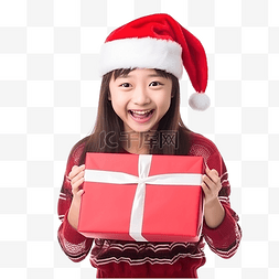 抱着盒子的女孩图片_戴着圣诞帽拿着礼盒的亚洲女孩欢