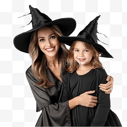 快乐的母亲和她的女儿穿着女巫服