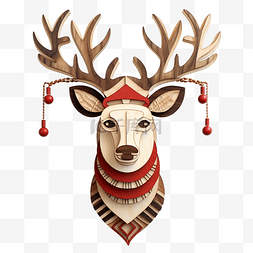 挂在墙上的镶嵌鹿，戴着圣诞老人