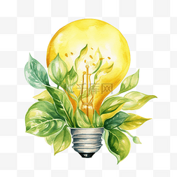 灯泡地球图片_环保节能黄色灯泡与绿叶符号水彩