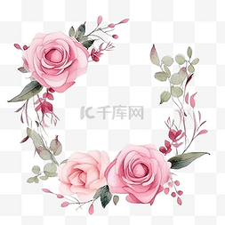 水彩盛开的粉红玫瑰枝花花束花环