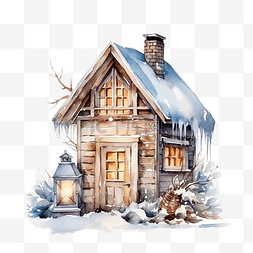 圣诞节图片_水彩冬季房屋，有雪覆盖的屋顶灯