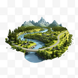 美丽风景与山路和河流的 3d 插图