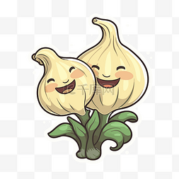 卡通大蒜贴纸显示两个微笑的球茎