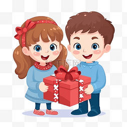 快乐的小男孩和女孩拿着圣诞礼物