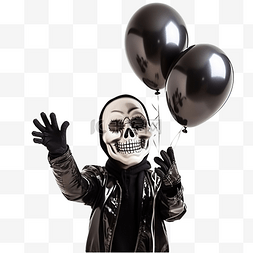 玩的开心的图片_一个穿着骷髅服装拿着黑色气球的
