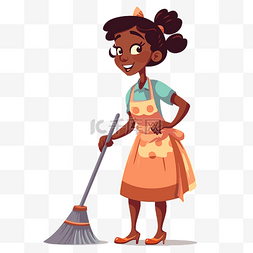 打扫卫生图片_管家剪贴画卡通黑人妇女用扫帚打