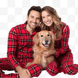 宠物合影图片_穿着圣诞格子红色睡衣的夫妇与狗