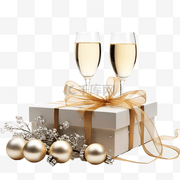 有圣诞节装饰和香槟杯的礼品盒