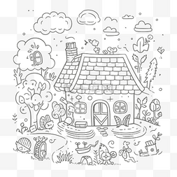 一个有树木和鲜花的小房子的卡通