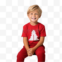 一个穿着红色圣诞老人 T 恤的小男