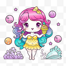 可爱彩色卡通鱼图片_可爱的美人鱼着色公主与彩色冰淇