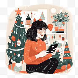 控制玩手机图片_快乐的女性在圣诞节装饰的客厅里