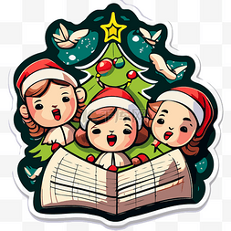 圣诞节贴纸显示孩子们在圣诞树前