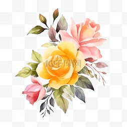黄色和粉色玫瑰水彩花角花束带叶