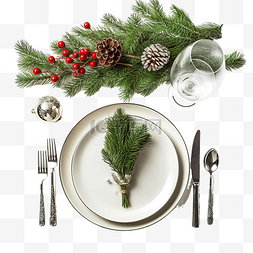 平面食品图片_冷杉树枝和餐具，配有圣诞老人帽