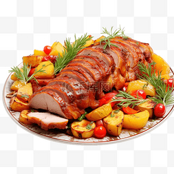猪肉香料图片_烤圣诞猪肉，盘上有蔬菜和香料