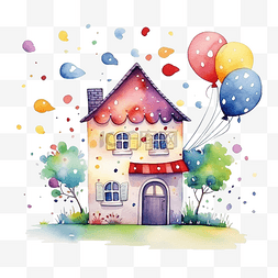水彩多彩可爱快乐的房子与圆点隔