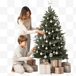 妈妈正在帮助她的小儿子装饰圣诞
