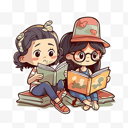 两个卡通女孩独自坐着看书剪贴画