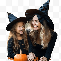 妈妈和女儿穿着服装，戴着女巫帽