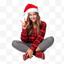 做出手势图片_圣诞节假期里，女孩坐在地板上，