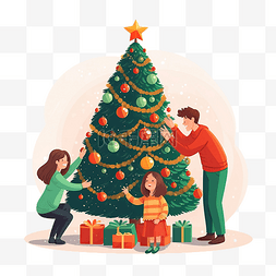 幸福的大家庭一起装饰圣诞树