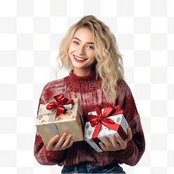 抱着盒子的女孩图片_穿着圣诞装饰品衣服的女孩拿着礼