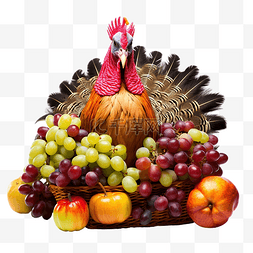 感恩节，火鸡提着装满水果的篮子
