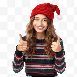 向上大拇指图片_庆祝圣诞假期的女孩在家里竖起大