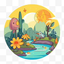 小溪周围的鸟和花的圆形卡通插图