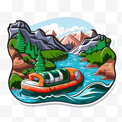 充气船图片_河上的旅游充气船卡通插画与山峰