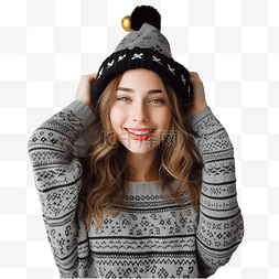 女士帽子冬季图片_穿着针织毛衣戴着圣诞帽躺在床上