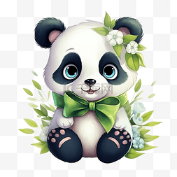 绿色蝴蝶结图片_可爱的熊猫，鲜花和绿色蝴蝶结