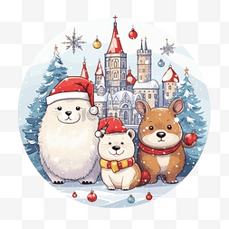 雪中精灵图片_雪镇插画中与圣诞老人和可爱的动